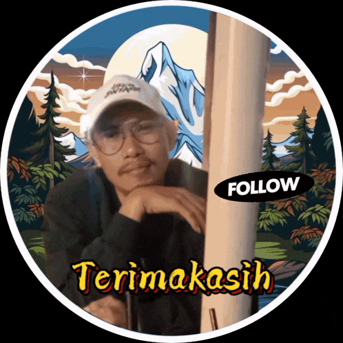 a picture of a man with a follow sticker