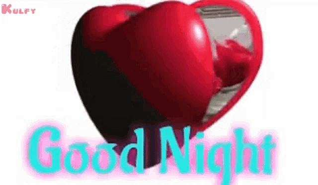 two red hearts are sitting next to each other and the words `` good night '' are written in blue .
