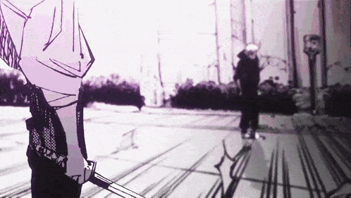 a black and white drawing of a man holding a sword in a park .