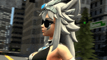 a woman wearing sunglasses is standing in front of a street sign that says silicon