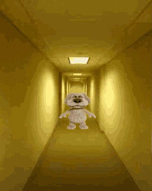 a stuffed dog is standing in a hallway