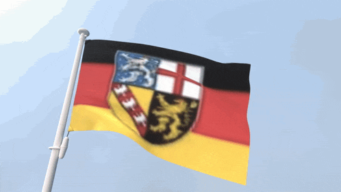 a flag with a coat of arms on it is flying in the wind