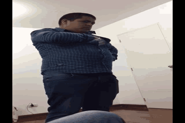 a man wearing a blue plaid shirt is standing in a room