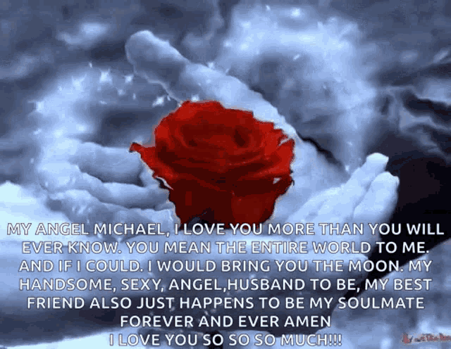 a picture of a hand holding a red rose with the words " my angel michael "