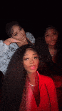 three girls are posing for a picture in a dark room .