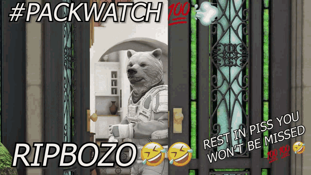 a picture of a bear standing in front of a door with the caption #packwatch 100