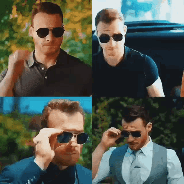 four pictures of a man wearing sunglasses and talking on a cell phone .