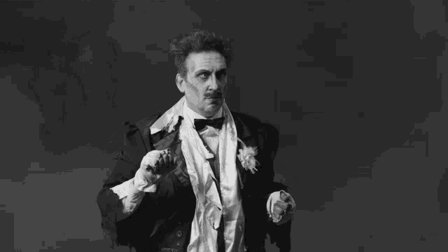 a black and white photo of a man in a suit and bow tie