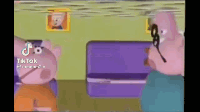 a cartoon of a pig and a spongebob character standing next to each other in a room .