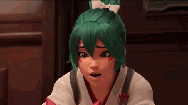 a cartoon character with green hair is smiling and holding a red belt