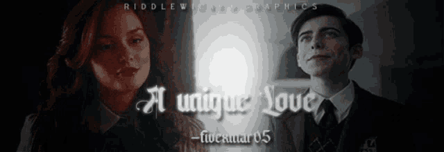 a man and a woman are standing next to each other with the words " a unique love " above them