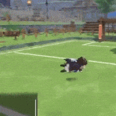 a video game character is playing soccer on a field .