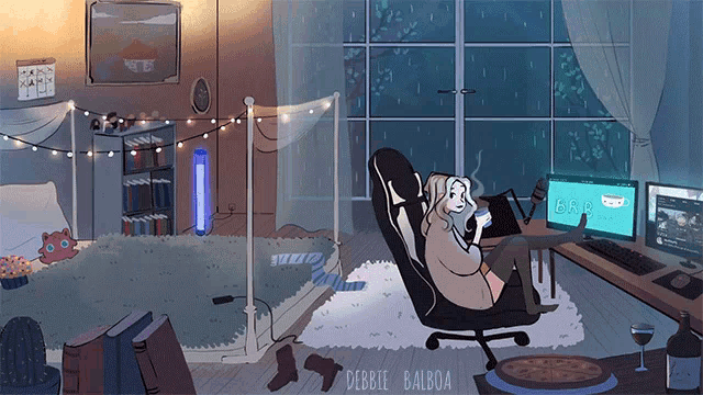 a cartoon of a woman sitting in a chair with a cup of coffee and a computer screen that says 6:00