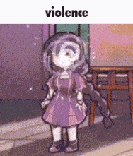 a cartoon girl in a purple dress is standing in front of an easel with the word violence below her .