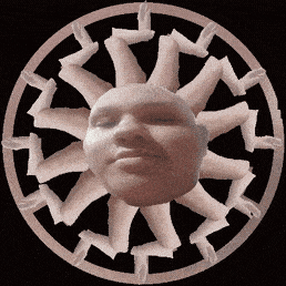 a face is in the center of a circle with fingers around it