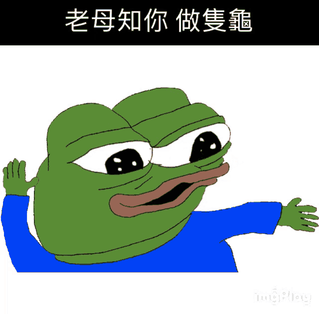 a green frog wearing a blue shirt with chinese writing below it