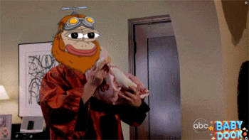 a cartoon character is holding a baby in a room with abc baby book written in the corner