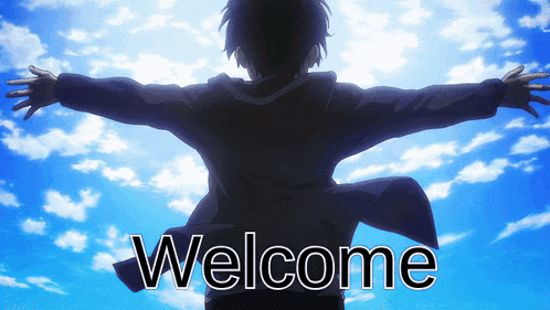 a person with their arms outstretched and the word welcome written below them