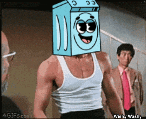 a man with a box on his head that says wishy washy on it