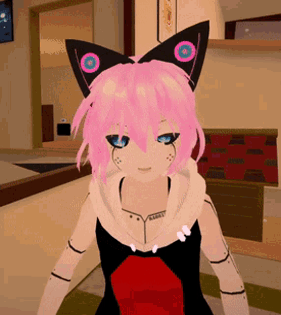 a girl with pink hair and cat ears is wearing a red and black dress