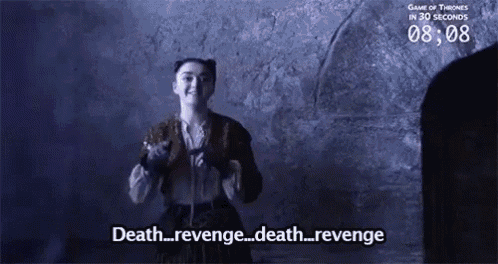 a woman is standing in a dark room holding a sword and talking about revenge .