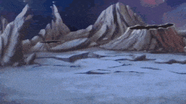 a cartoon scene of a robot flying over a rocky planet .