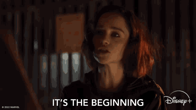 a woman with red hair says it 's the beginning on disney +