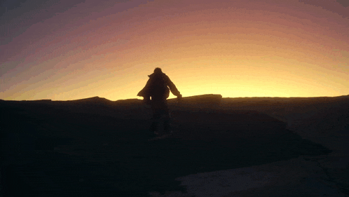 a person is standing in front of a sunset