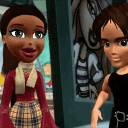 two cartoon dolls are standing next to each other in front of a picture