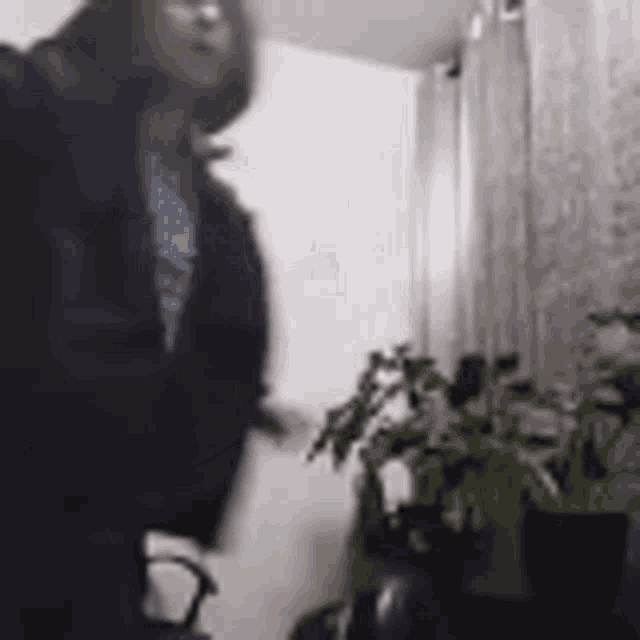 a blurry picture of a woman standing in a room with a plant in the foreground .