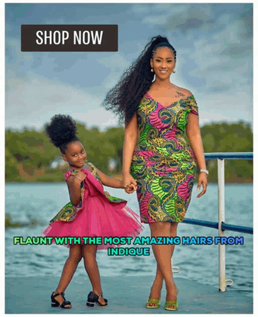 a woman and a little girl are standing next to each other with the words flaunt with the most amazing hairs from indicque above them