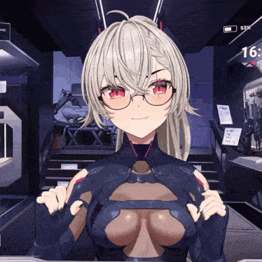 a girl with glasses is standing in a room with a clock on the wall that says 16