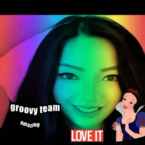 a picture of a woman with the words groovy team amazing love it on the bottom