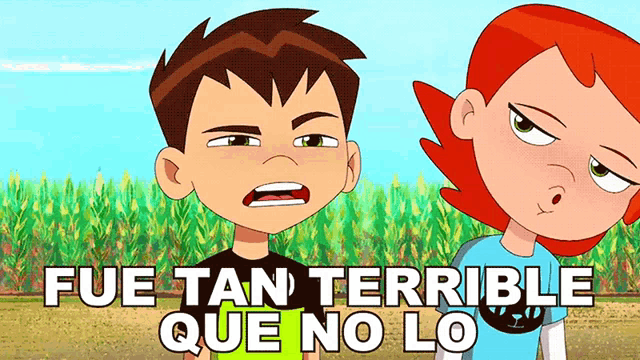 a boy and a girl are standing next to each other with the words fue tan terrible que no lo written below them