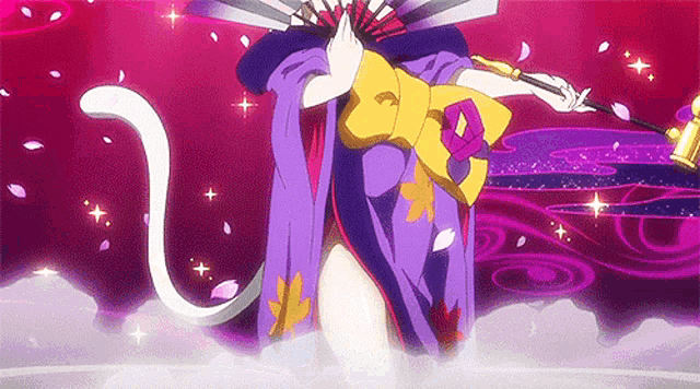 a woman in a purple and yellow kimono is holding a fan and a sword .