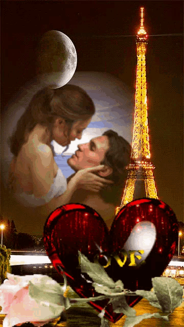 a painting of a man and a woman kissing in front of the eiffel tower
