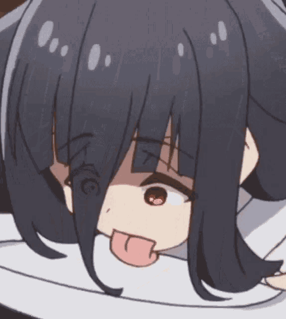 a girl with long black hair is sticking her tongue out