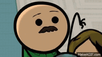 a cartoon character with a mustache is sitting in a chair and making a funny face .