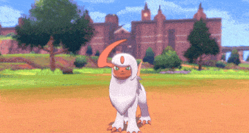 a white and orange pokemon standing in a field