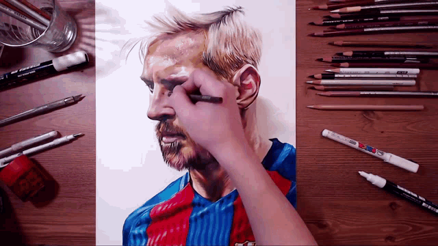 a drawing of a man with a shirt that says barcelona on it