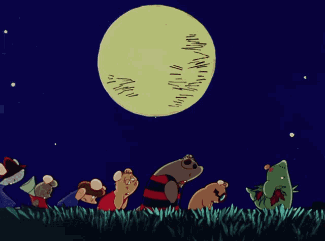 a group of cartoon characters standing in the grass with a full moon behind them