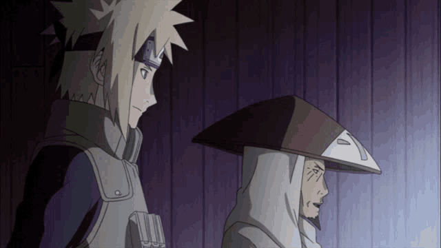 two anime characters standing next to each other with one wearing a hood