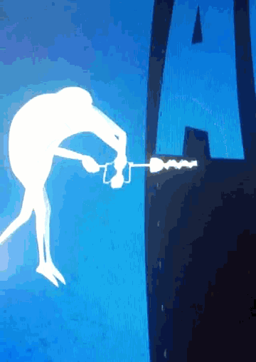 a silhouette of a person holding a hammer in front of the letter a on a blue background