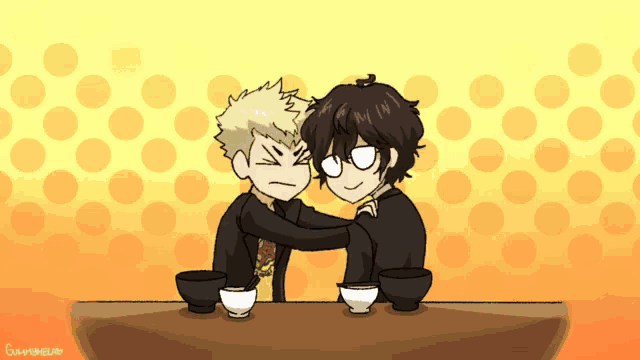 a cartoon drawing of two men hugging each other with a yellow polka dot background and a watermark that says gumphree