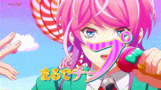 a pink haired anime girl with blue eyes is holding a candy cane in her hand .