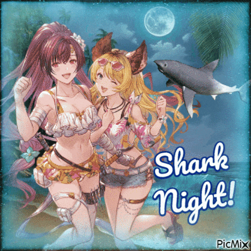 a shark night greeting card with two anime girls and a shark in the background