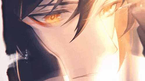 a close up of a person 's face with a glowing orange eye