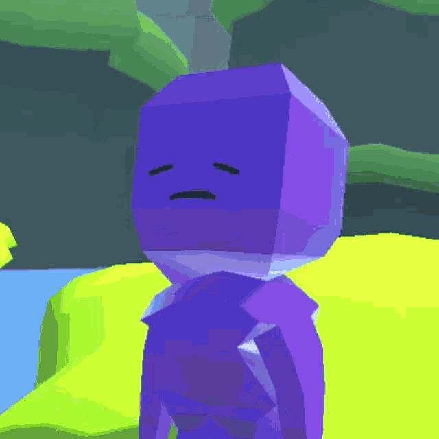a purple cube with a sad face is in a video game with the words on the bottom