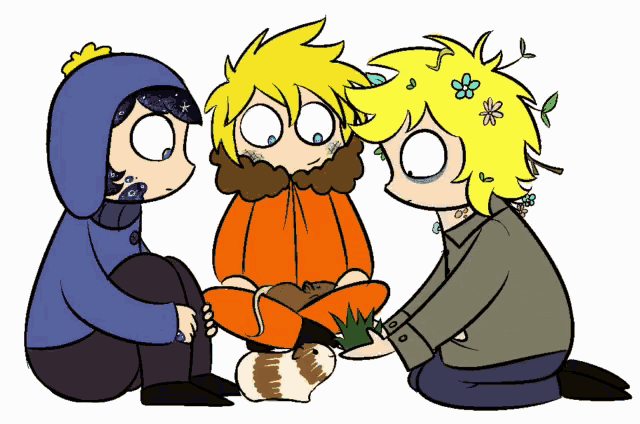 three cartoon characters are sitting around a guinea pig with flowers in their hair