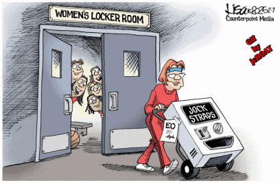 a cartoon of a woman pushing a cart that says jock straps on it
